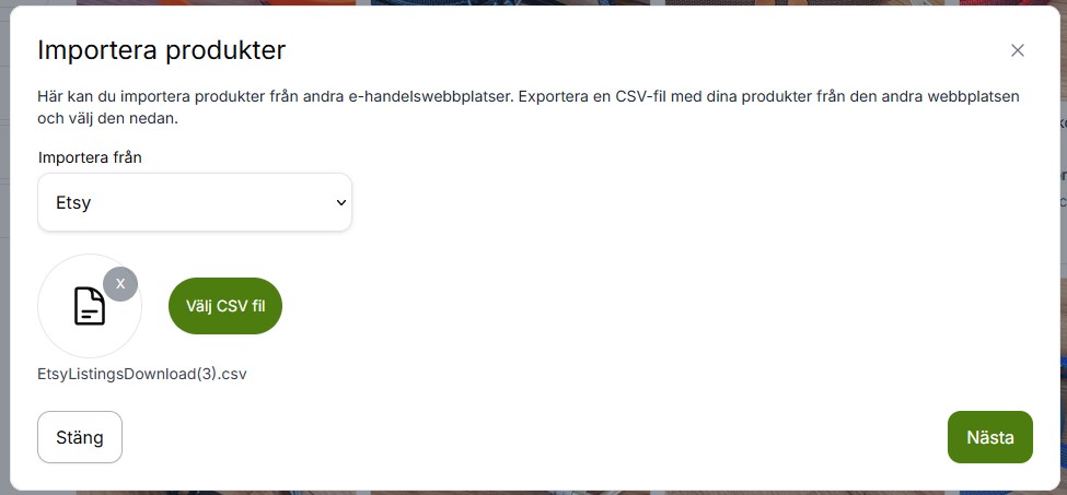 Bild på sidan för att importera produkter från en CSV-fil