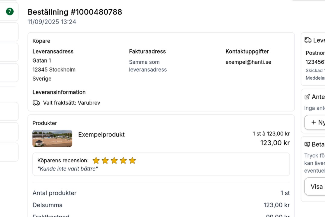 En beställningssida med en produktrecension