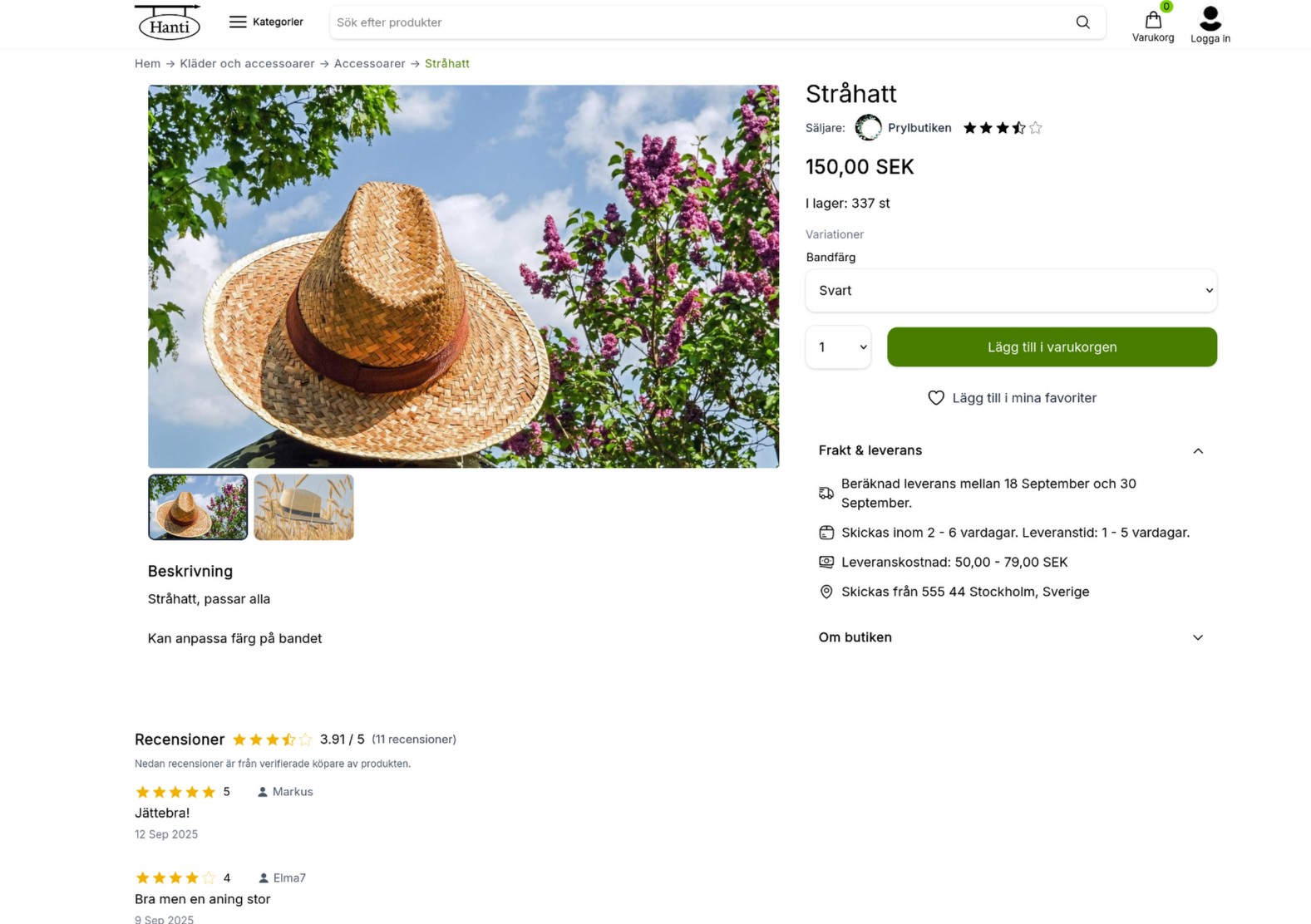 Skärmbild över en exempelprodukt med recensioner underst
