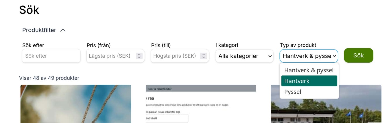 Nya produktfilter med stöd för att sortera på hantverk och/eller pyssel