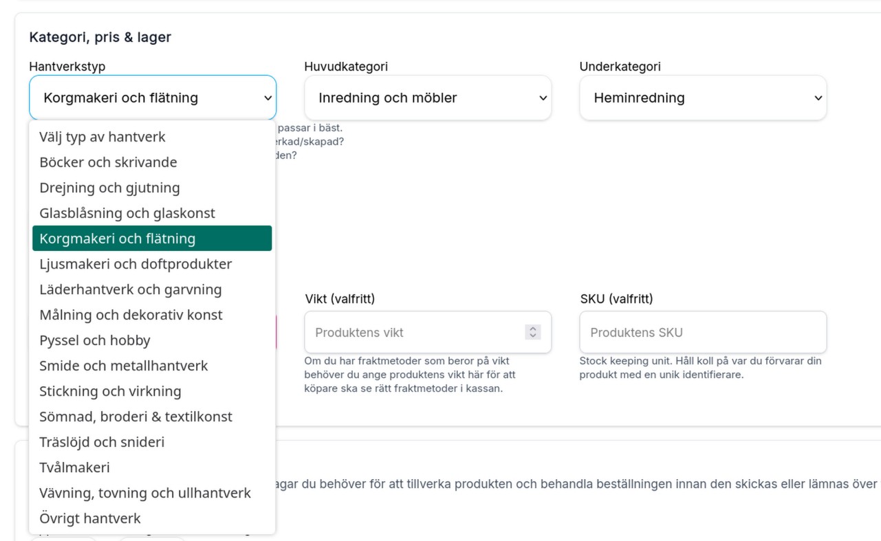 Nya produktredigeraren med val för typ av hantverk och kategori