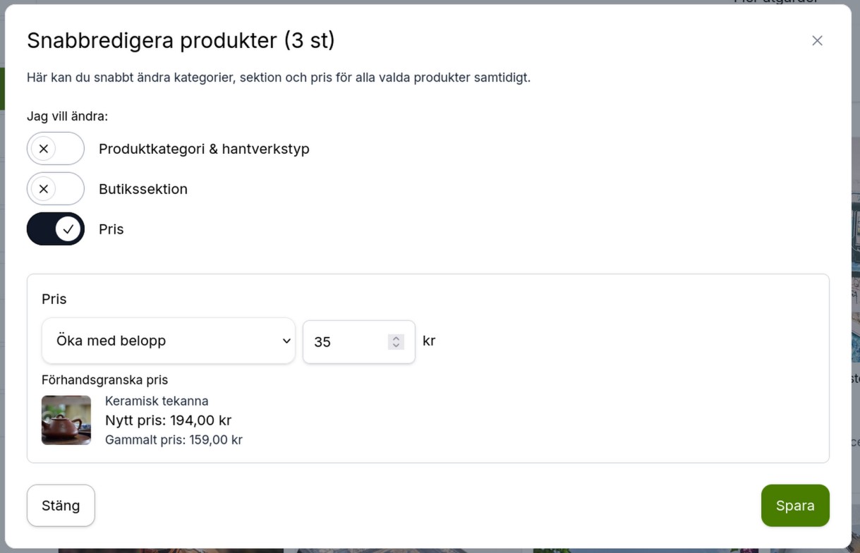 Inställningar av egenskaper för de valda produkterna