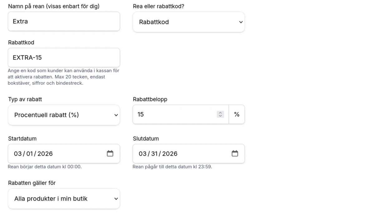 Skapande av en ny rabattkod