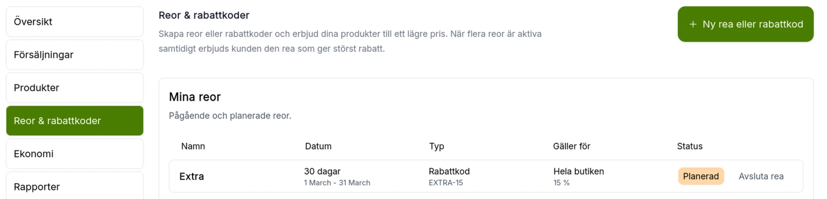Den nya rabattkoden skapad med status planerad