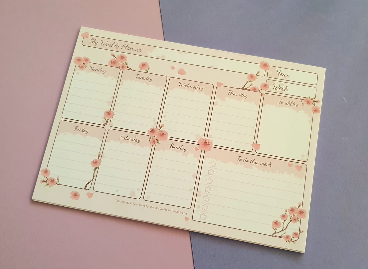 Hangjord veckoplanerare för 3 eller 6 månader, rosa med körsbärsblom