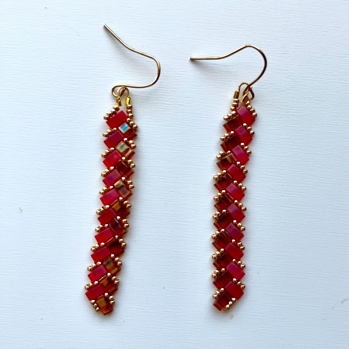Beaded Earrings in Red & Gold, Elegant Handmade Jewelry, Unique Gift for Mom or Friends,