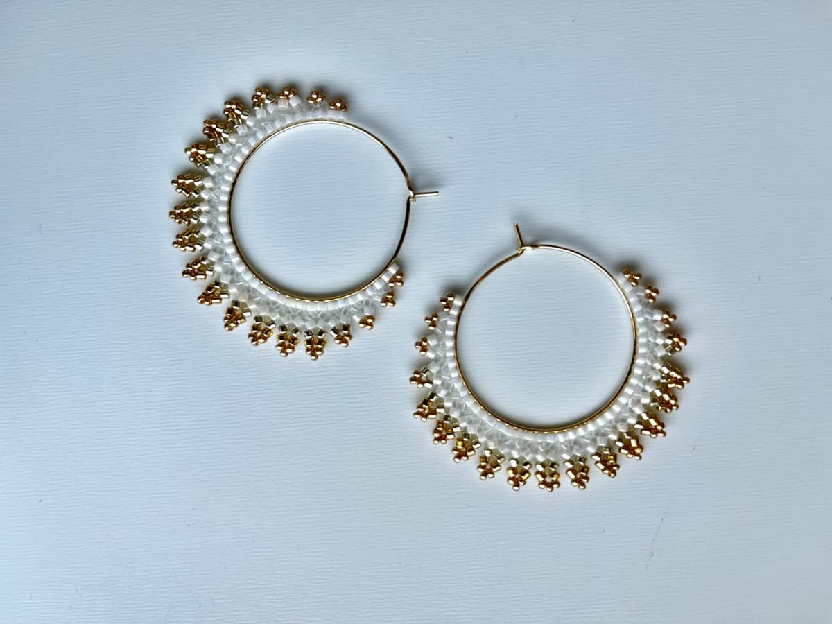 Handmade crescent moon hoop earrings in golden  colors, lightweight brass & golden colored earrings with Miyuki Delica beads