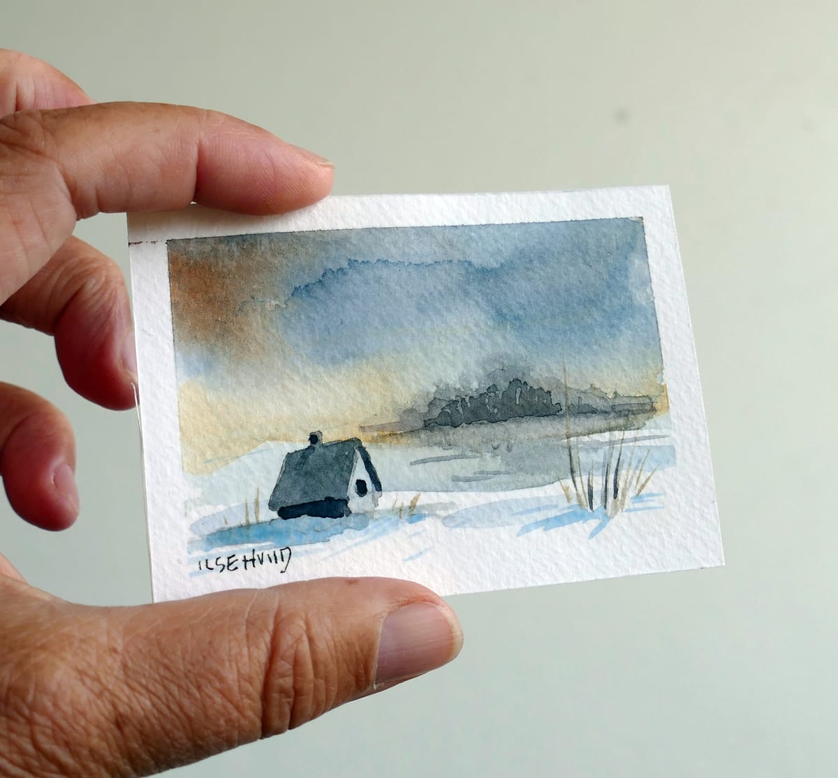 Mini akvarell, original. Vinterlandskap