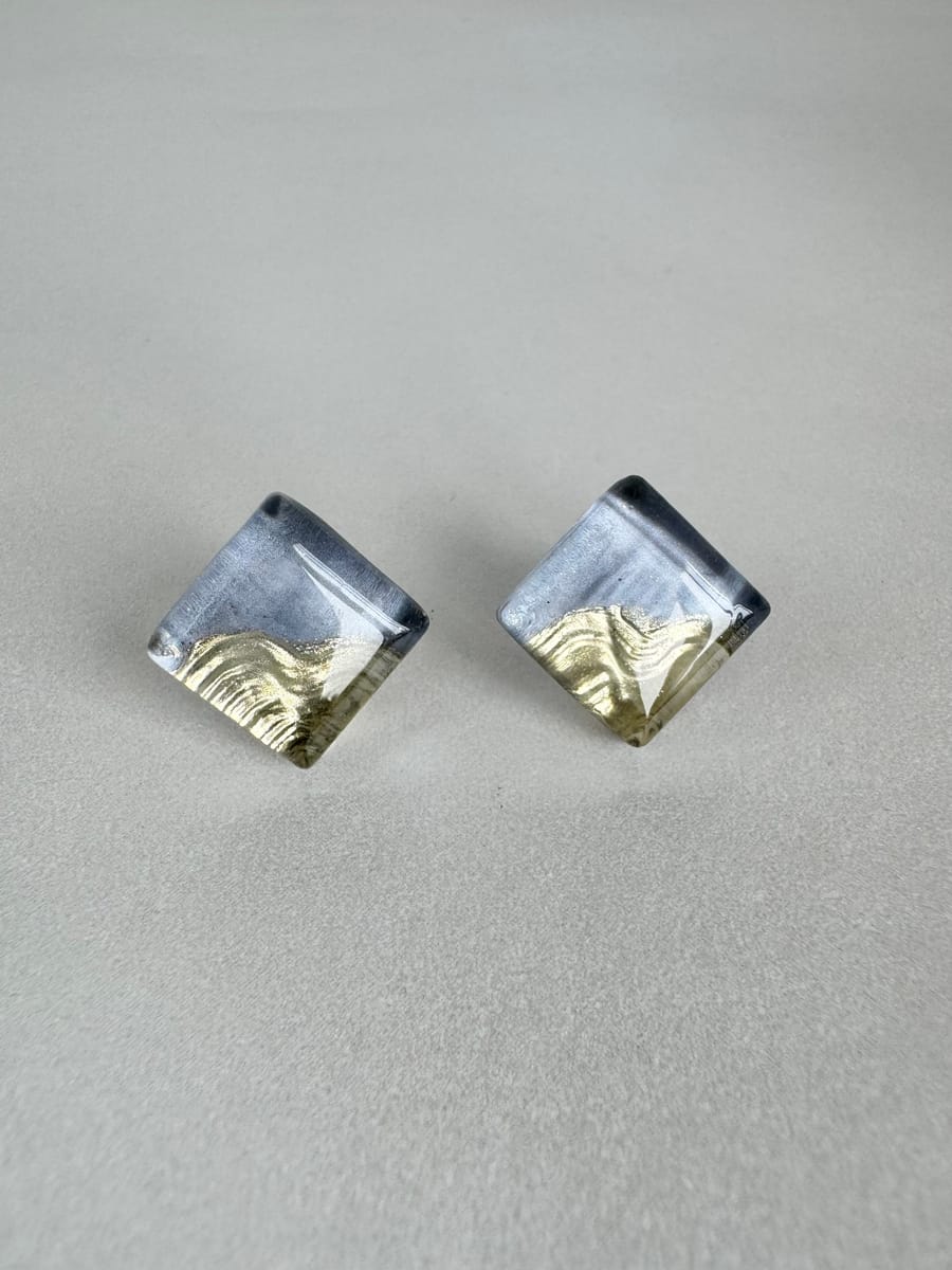 Grey and gold stud earrings with hypoallergenic titanium posts