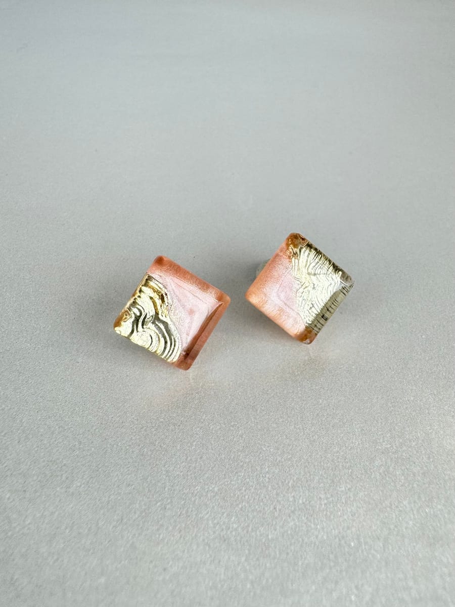 Peach and gold stud earrings with hypoallergenic steel posts