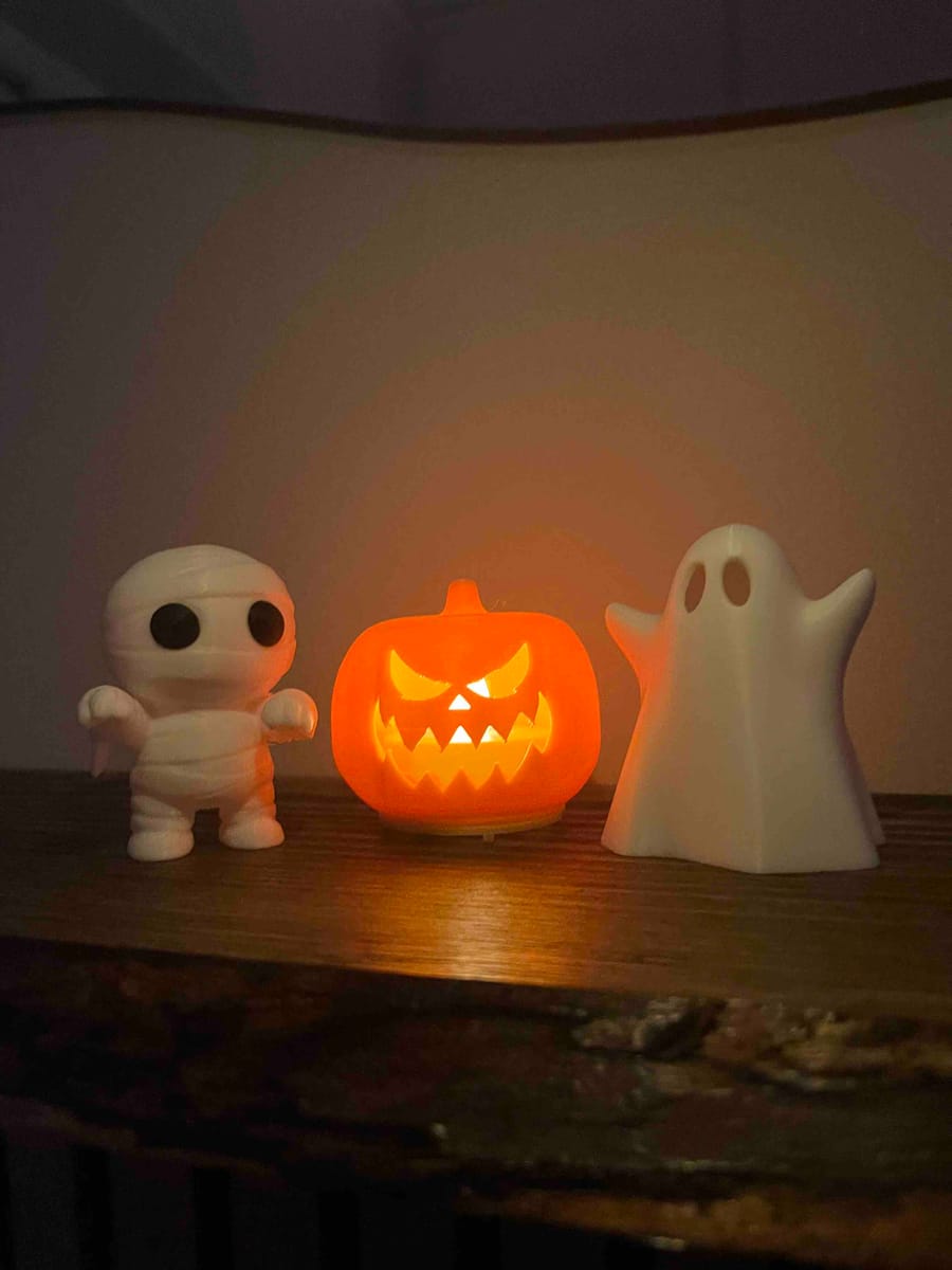 🎃 Halloween Dekorationsset – 3-pack (Mumie, Pumpa med LED-ljus & Spöke) 👻