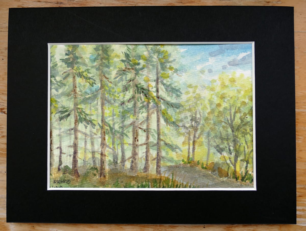 Akvarell original i svart passepartout. Skogsgläntan