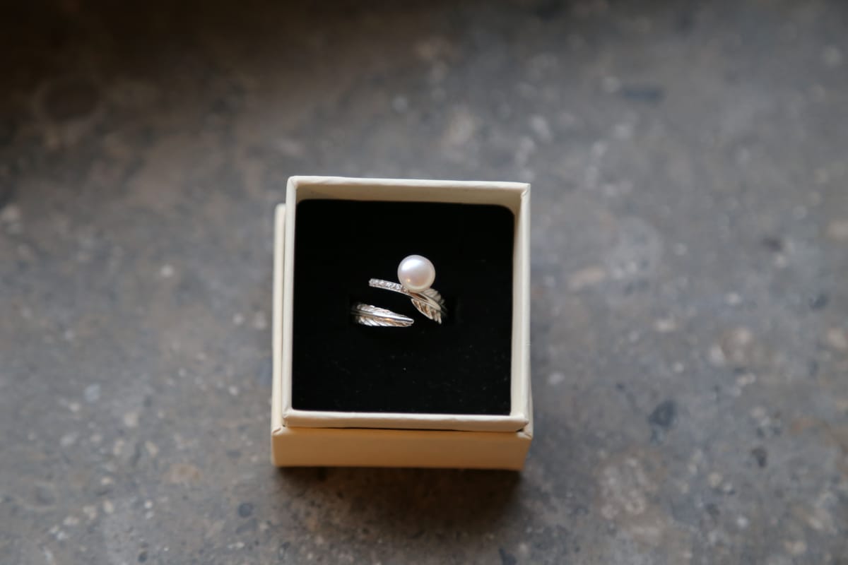 S925 Sterling Silver Feather Freshwater Pearl Open Ring