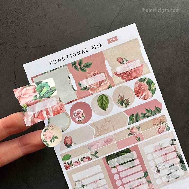 Stickers – Funktionell mix med tabbar, pilar, att göra-listor mm. Rosa rosor.