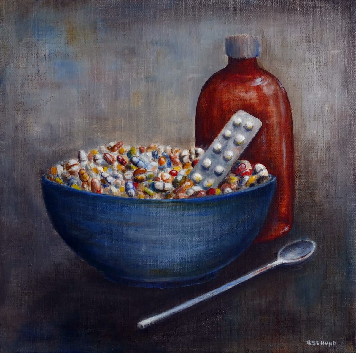 Oljemålning på duk, stilleben med medicin, 30 x30 cm