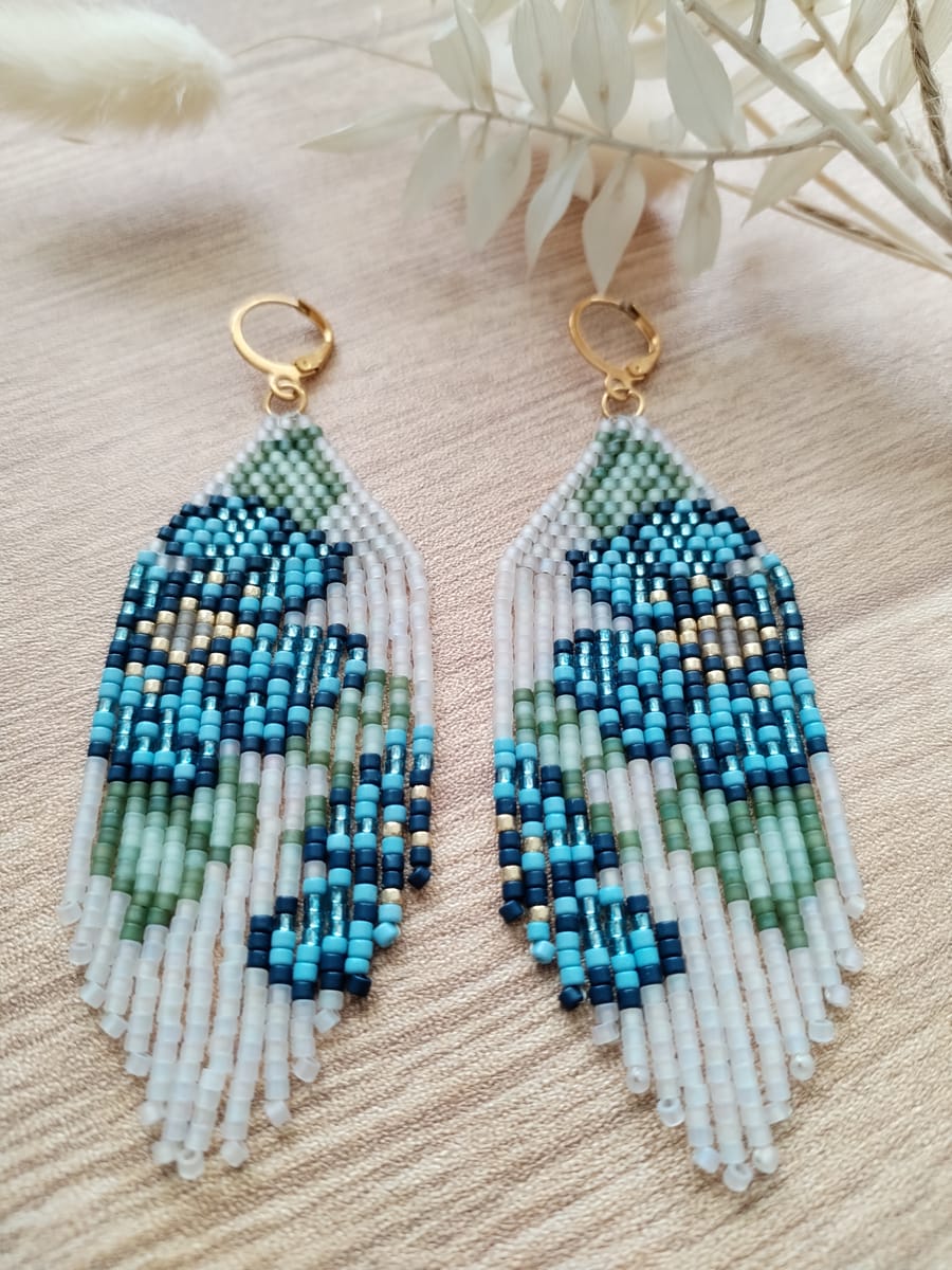 handgjord miyuki Pärlörhängen med blommönster blått, grönt, guld och vitt