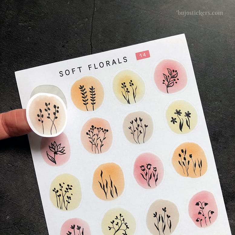 Stickers – Silhuetter av växter och blommor på akvarellcirklar i milda färger