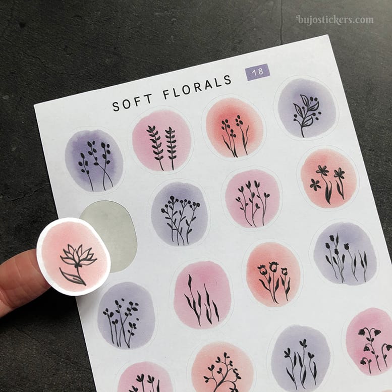Stickers – Silhuetter av växter och blommor på akvarellcirklar i milda färger
