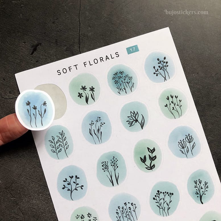 Stickers – Silhuetter av växter och blommor på akvarellcirklar i milda färger