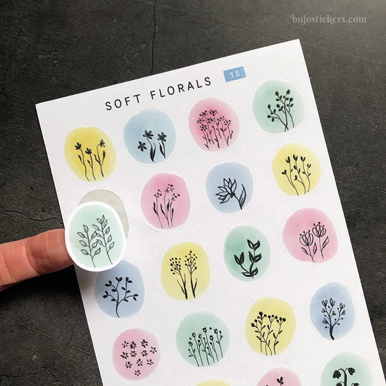 Stickers – Silhuetter av växter och blommor på akvarellcirklar i milda färger