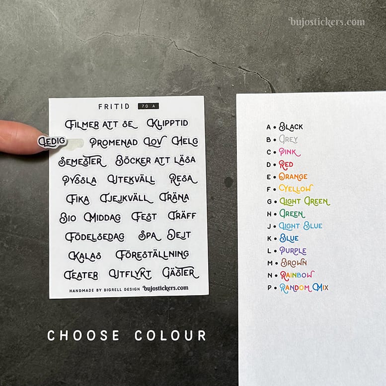 Stickers – Fritid. Ord/rubriker. Välj färg!