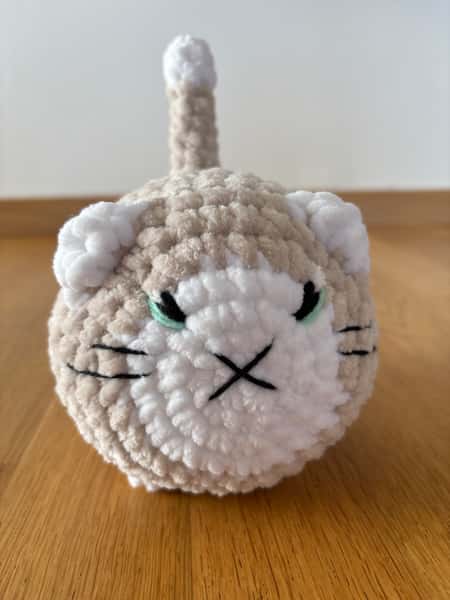 Ny virkad loafkatt med broderade ögon