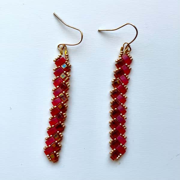 Beaded Earrings in Red & Gold, Elegant Handmade Jewelry, Unique Gift for Mom or Friends,