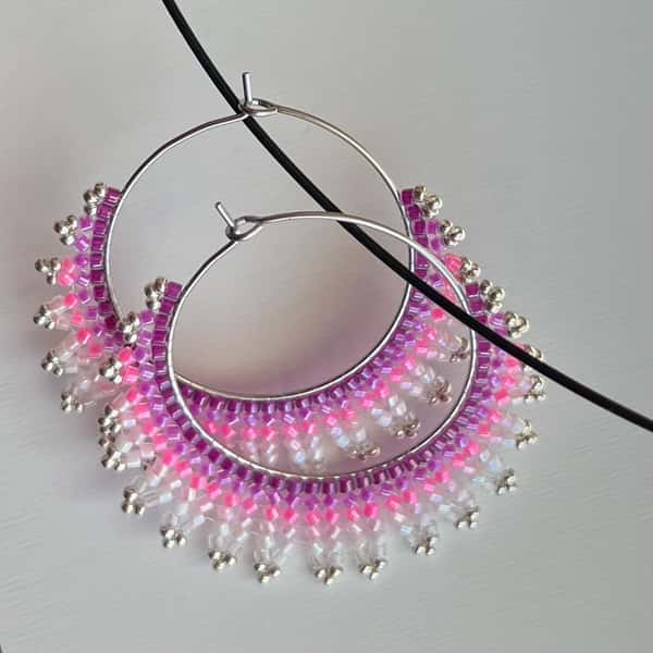 Handmade crescent moon hoop earrings in pink and silver colors, lightweight stainless steel earrings with Miyuki Delica beads