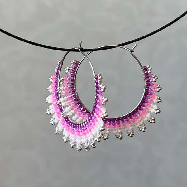 Handmade crescent moon hoop earrings in pink and silver colors, lightweight stainless steel earrings with Miyuki Delica beads
