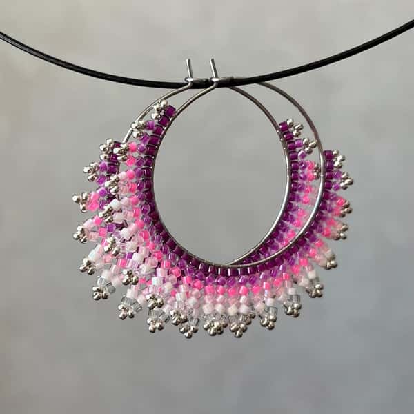 Handmade crescent moon hoop earrings in pink and silver colors, lightweight stainless steel earrings with Miyuki Delica beads