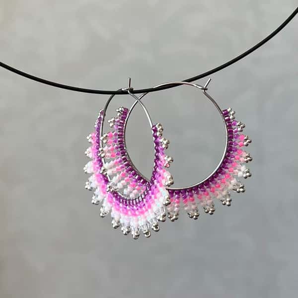 Handmade crescent moon hoop earrings in pink and silver colors, lightweight stainless steel earrings with Miyuki Delica beads