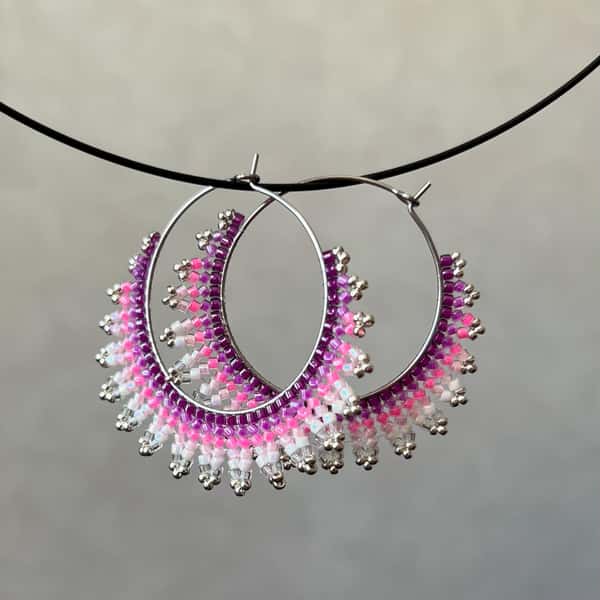 Handmade crescent moon hoop earrings in pink and silver colors, lightweight stainless steel earrings with Miyuki Delica beads