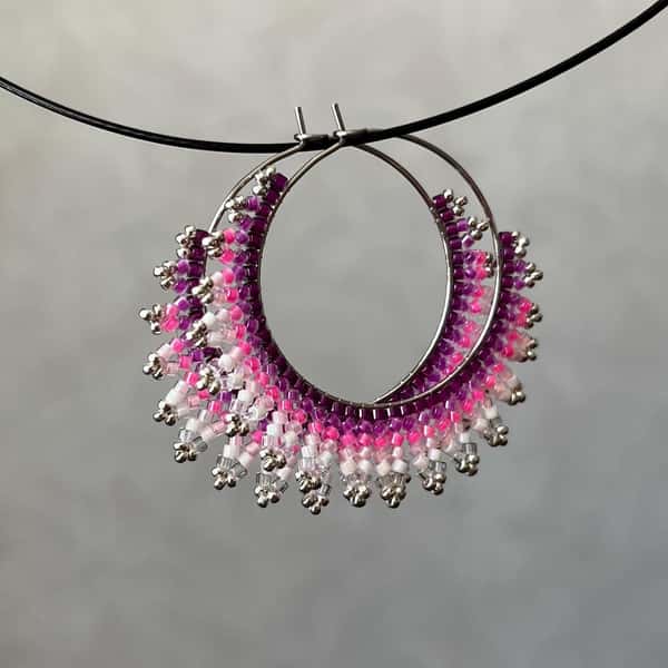 Handmade crescent moon hoop earrings in pink and silver colors, lightweight stainless steel earrings with Miyuki Delica beads