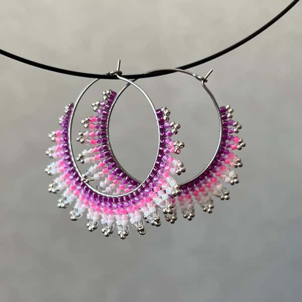 Handmade crescent moon hoop earrings in pink and silver colors, lightweight stainless steel earrings with Miyuki Delica beads