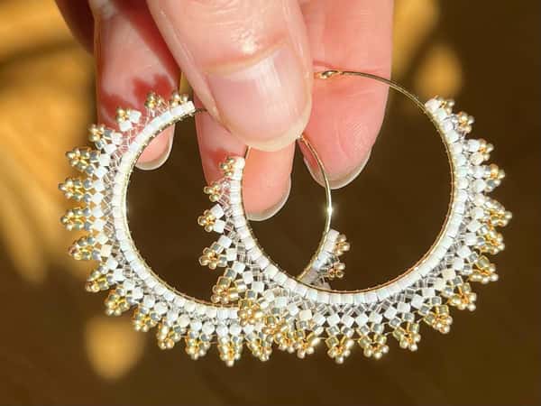 Handmade crescent moon hoop earrings in pink and silver colors, lightweight stainless steel earrings with Miyuki Delica beads