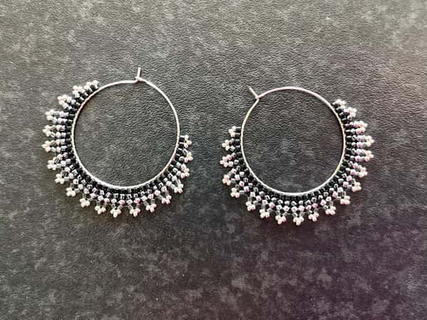 Handmade crescent moon hoop earrings in pink and silver colors, lightweight stainless steel earrings with Miyuki Delica beads
