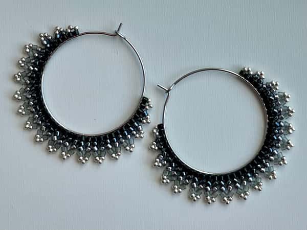 Handmade crescent moon hoop earrings in black and silver  colors, lightweight stainless steel earrings with Miyuki Delica beads