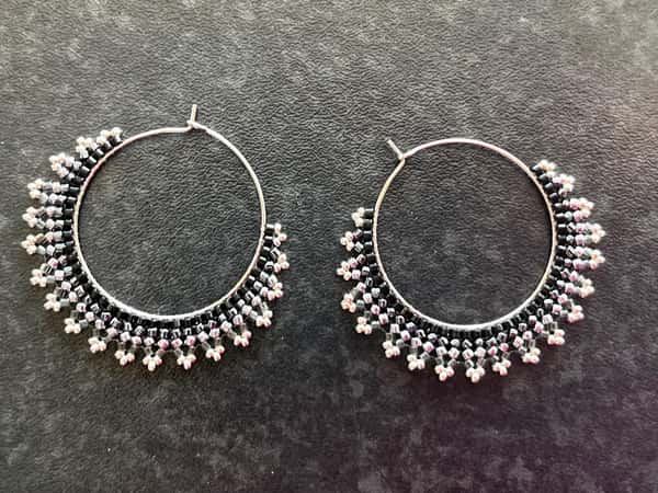 Handmade crescent moon hoop earrings in black and silver  colors, lightweight stainless steel earrings with Miyuki Delica beads