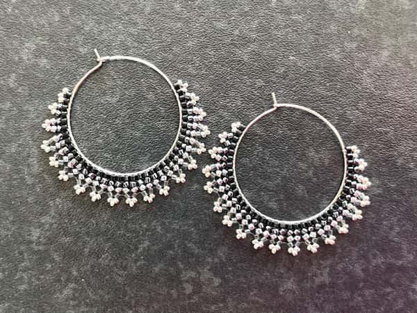 Handmade crescent moon hoop earrings in black and silver  colors, lightweight stainless steel earrings with Miyuki Delica beads