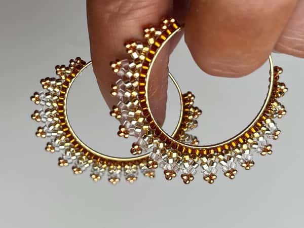 Handmade crescent moon hoop earrings in black and silver  colors, lightweight stainless steel earrings with Miyuki Delica beads