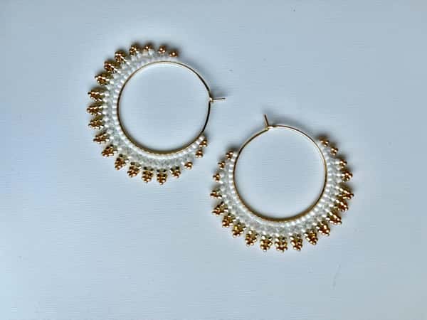 Handmade crescent moon hoop earrings in black and silver  colors, lightweight stainless steel earrings with Miyuki Delica beads