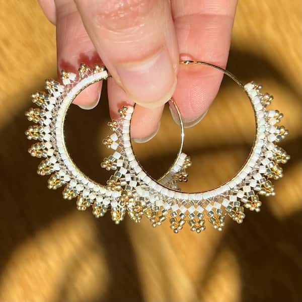 Handmade crescent moon hoop earrings in golden  colors, lightweight brass & golden colored earrings with Miyuki Delica beads