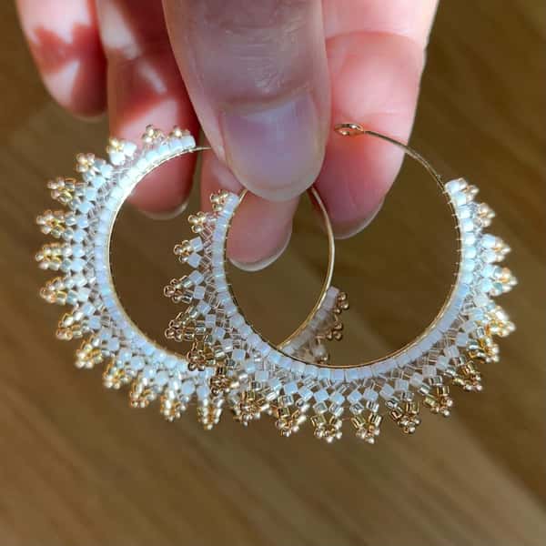 Handmade crescent moon hoop earrings in golden  colors, lightweight brass & golden colored earrings with Miyuki Delica beads