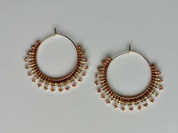 Handmade crescent moon hoop earrings in golden  colors, lightweight brass & golden colored earrings with Miyuki Delica beads