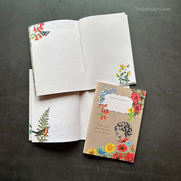 Skrivhäfte och stickers – Flora vintage B6