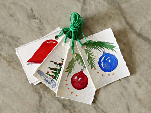 Julklapps-etiketter, handgjorda och rustika, handmålade i akvarell.