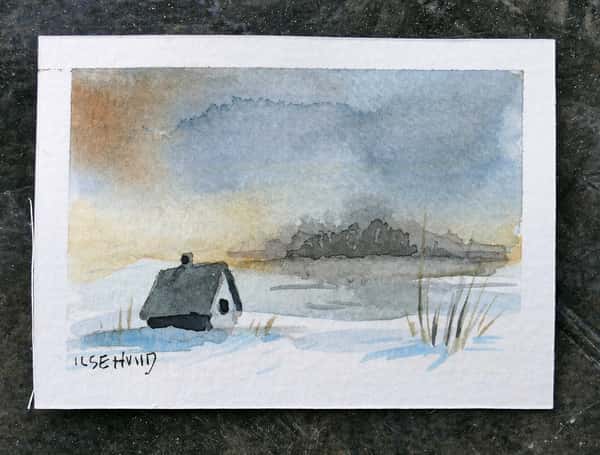 Mini akvarell, original. Vinterlandskap