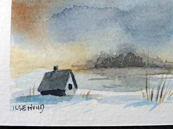 Mini akvarell, original. Vinterlandskap