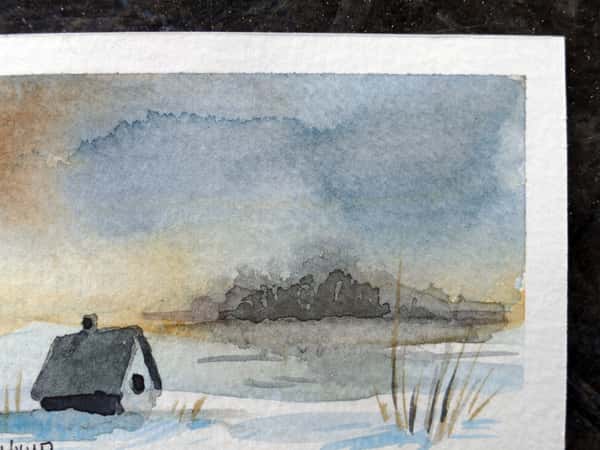 Mini akvarell, original. Vinterlandskap