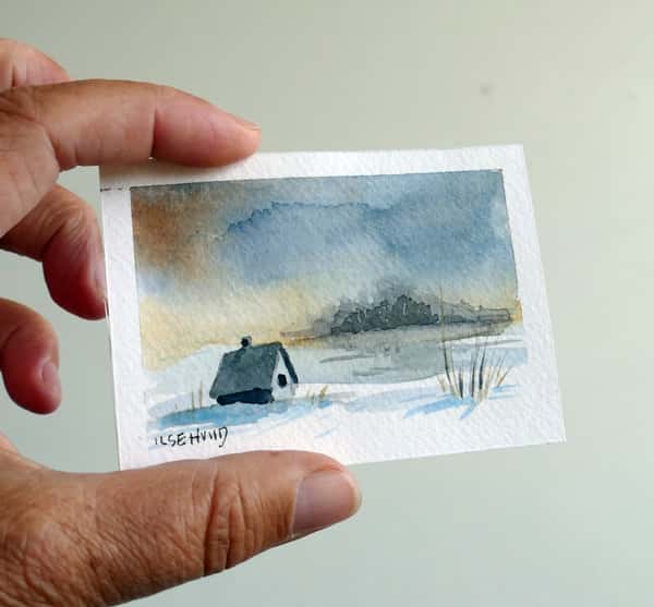 Mini akvarell, original. Vinterlandskap